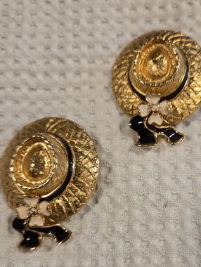 Set of 2 Goldtone & Cloissonne Floral Straw Hat Brooches